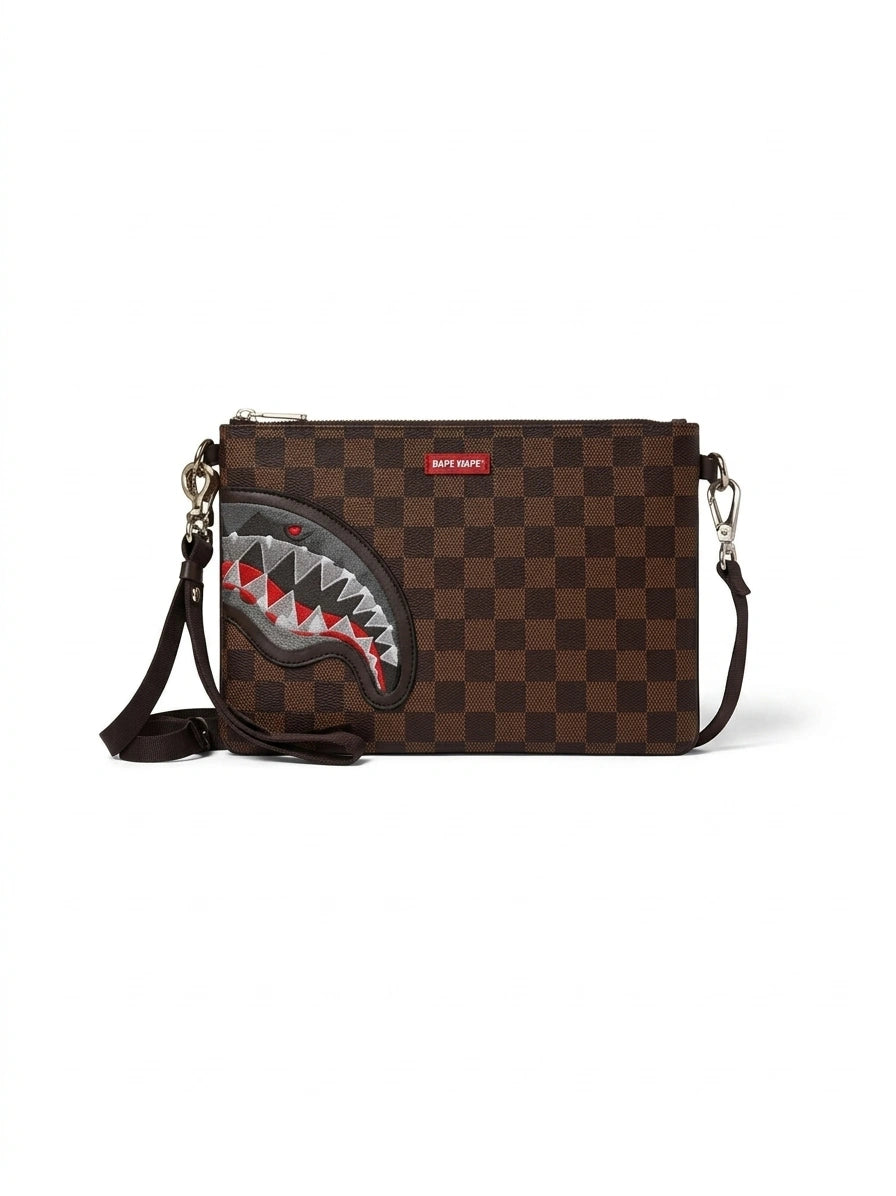Sprayground Shark Checkered Clutch Bag - Brown