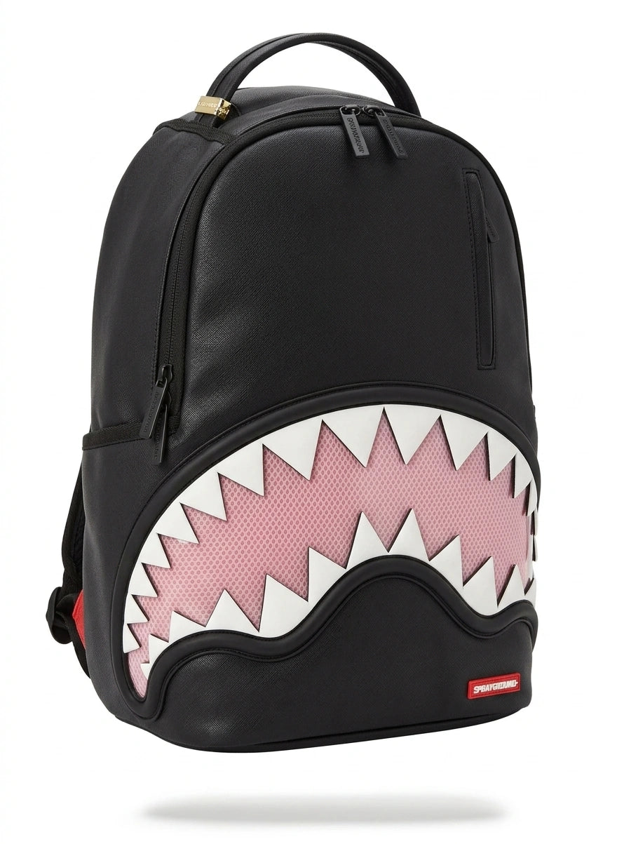 Sprayground Black Pink Sharkmouth DLX Backpack - Black with Pink
