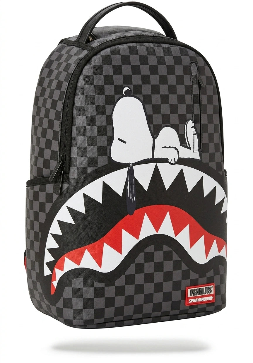 Sprayground Peanuts Snoopy Shark Checkered Backpack - Black Grey