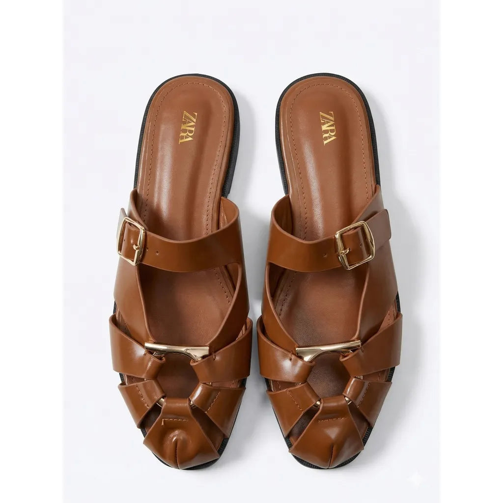 Tan Buckle Loafer Mules