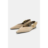 ZARA Split Suede Slingback Shoes With Buckle - Beige