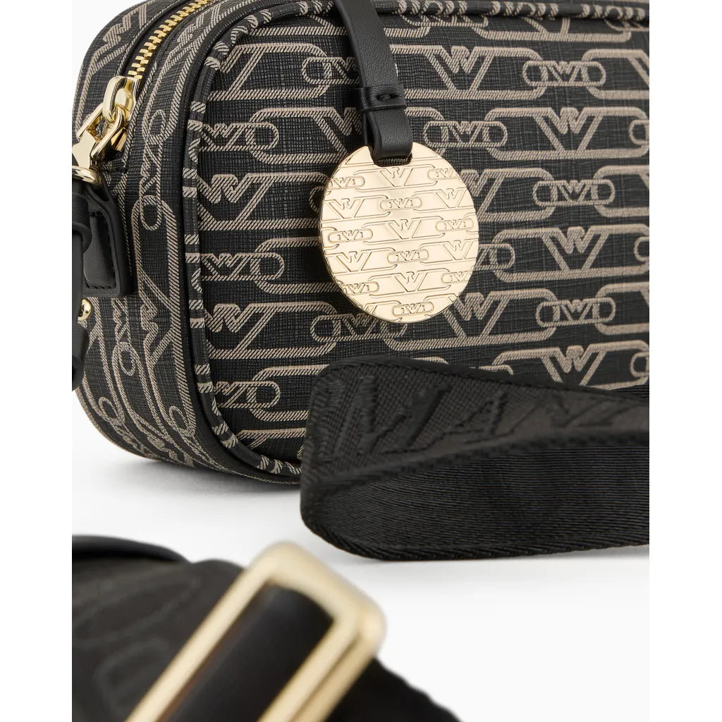 Camera case with shoulder strap and all-over monogram print