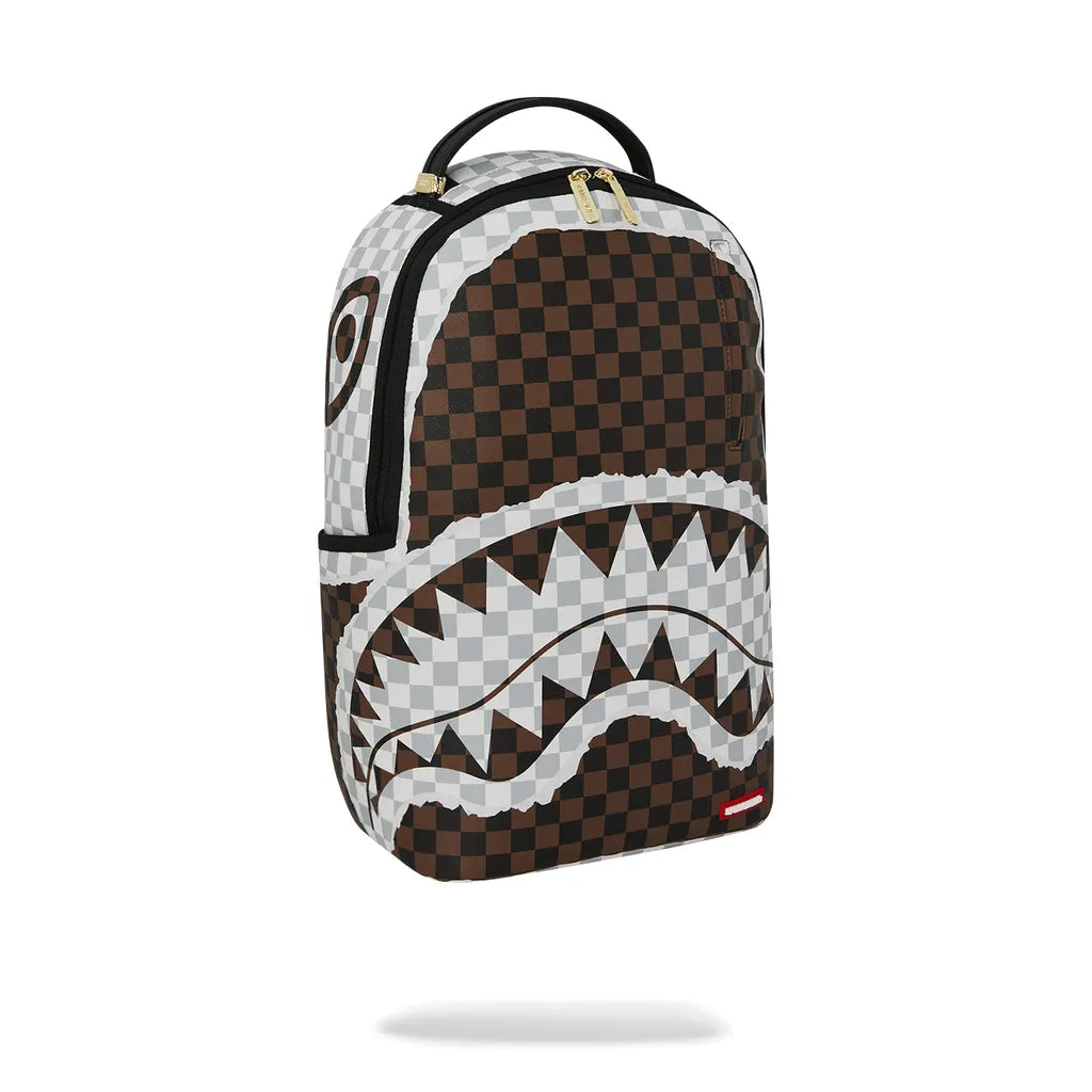 CREAM AND BROWN TEAR CHECK BACKPACK