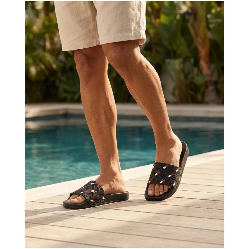 Tommy Hilfiger Men Monogram Embossed Pool Slides - Black