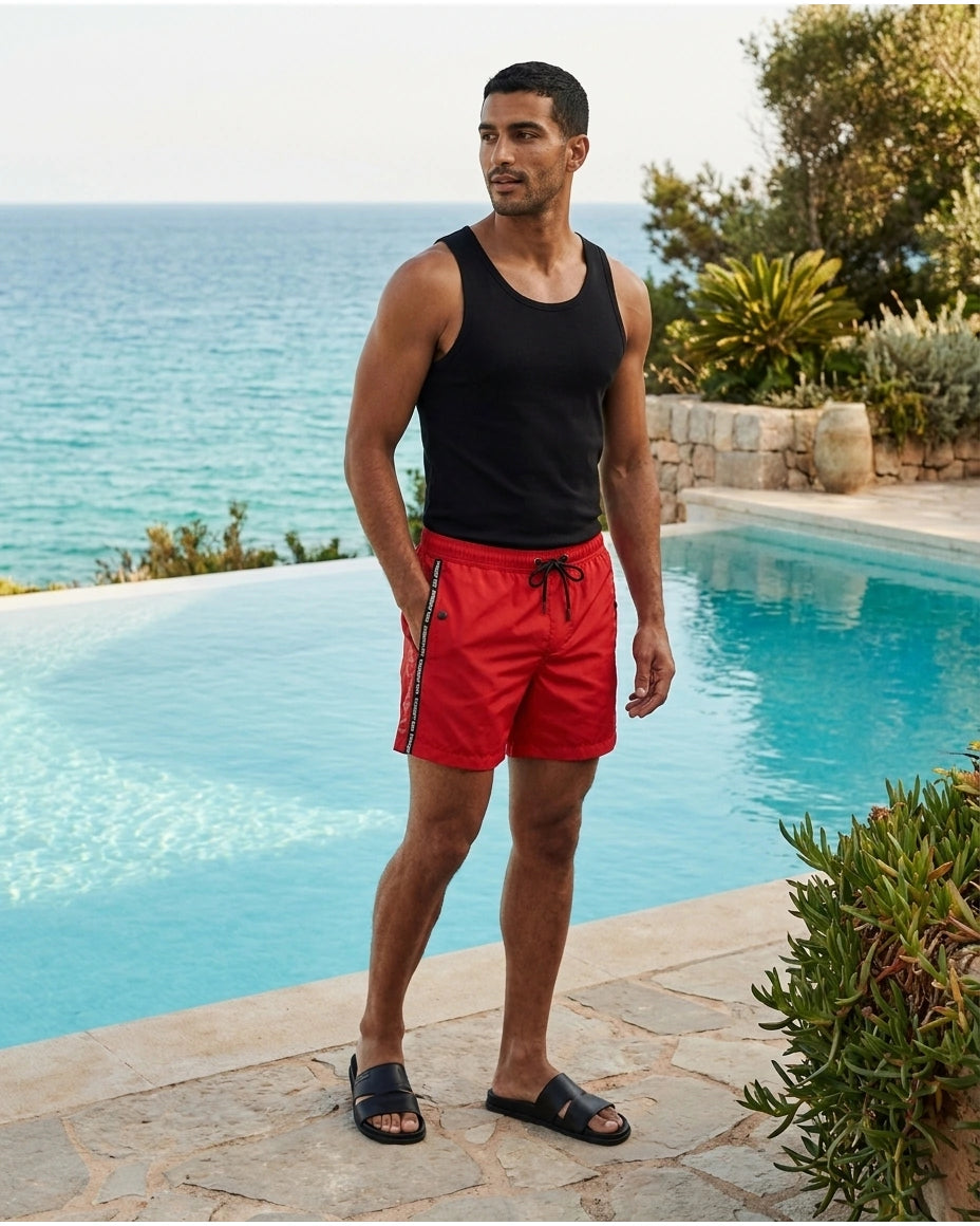 KARL LAGERFELD Men's Logo Tape Swim Shorts - Red