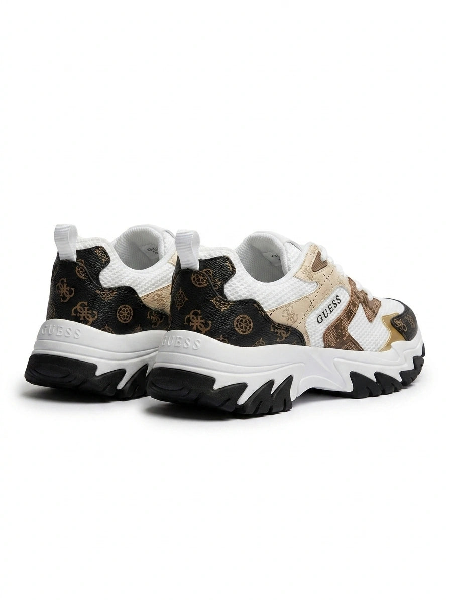 GUESS Mixed Material Logo Print Chunky Sneakers - White Brown Multi