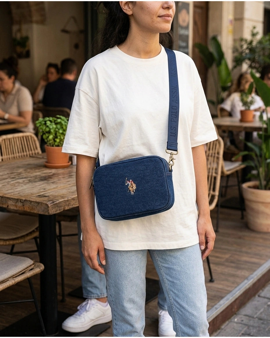 U.S. Polo Assn. Denim Double Zip Camera Crossbody Bag - Dark Blue