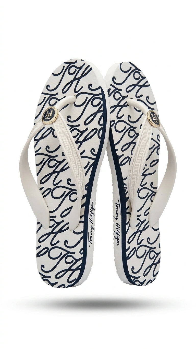Tommy Hilfiger Women Script Logo Print Flip-Flops - White/Navy