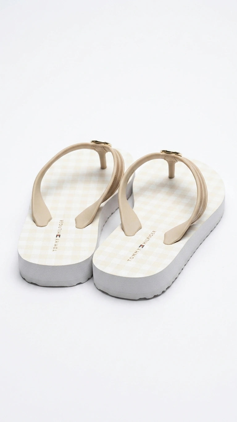 Tommy Hilfiger Women's Gingham Monogram Flip Flops - Light Beige