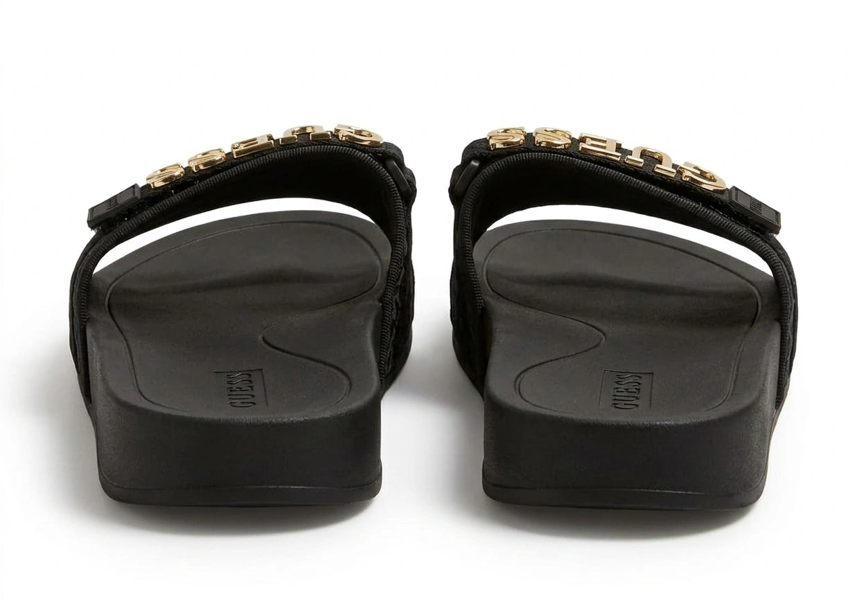 GUESS Women's Branded Monogram Platform Slides - Black Gold