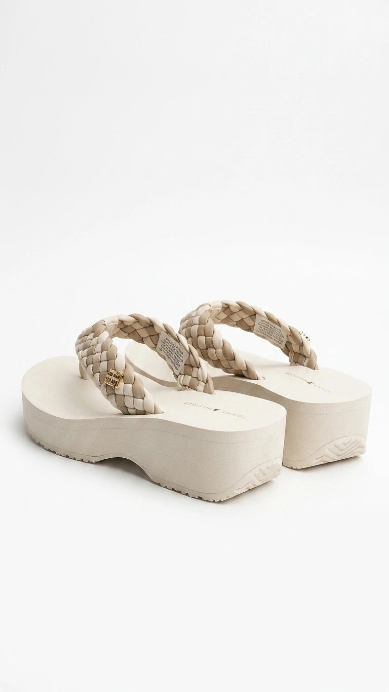 Tommy Hilfiger Women Braided Strap Platform Flip Flops - Ecru Multi