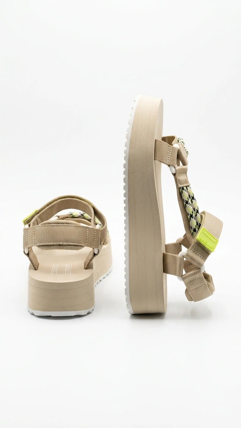 Tommy Hilfiger Women's Platform Rope Strap Sandals - Beige with Neon Yellow