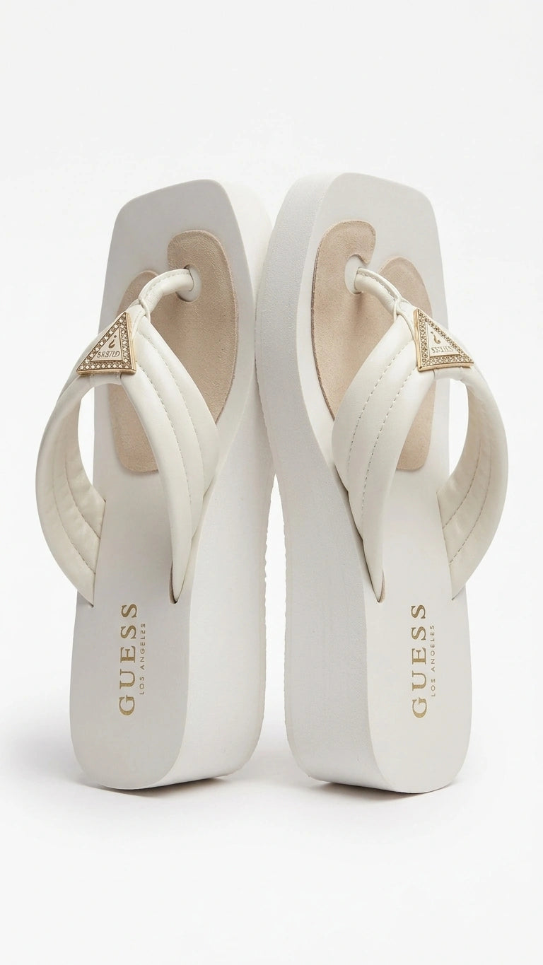 GUESS Women's Padded Embellished Wedge Flip Flops - Off White