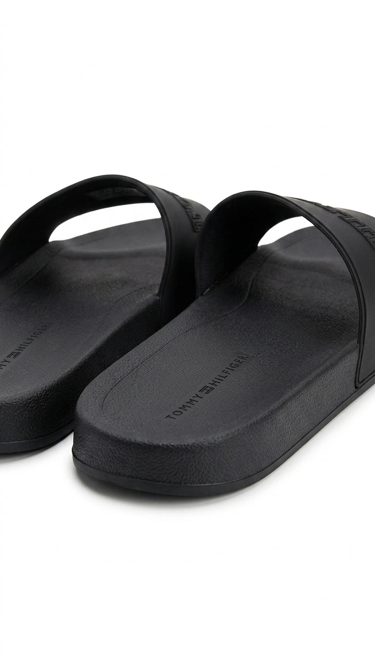 Tommy Hilfiger Men Logo Embossed Pool Slides - Black