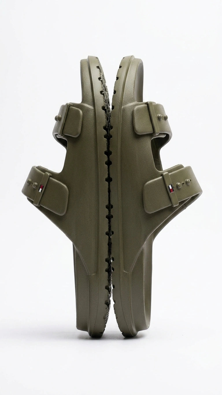 Tommy Hilfiger Comfort Double Strap Slides - Olive Green