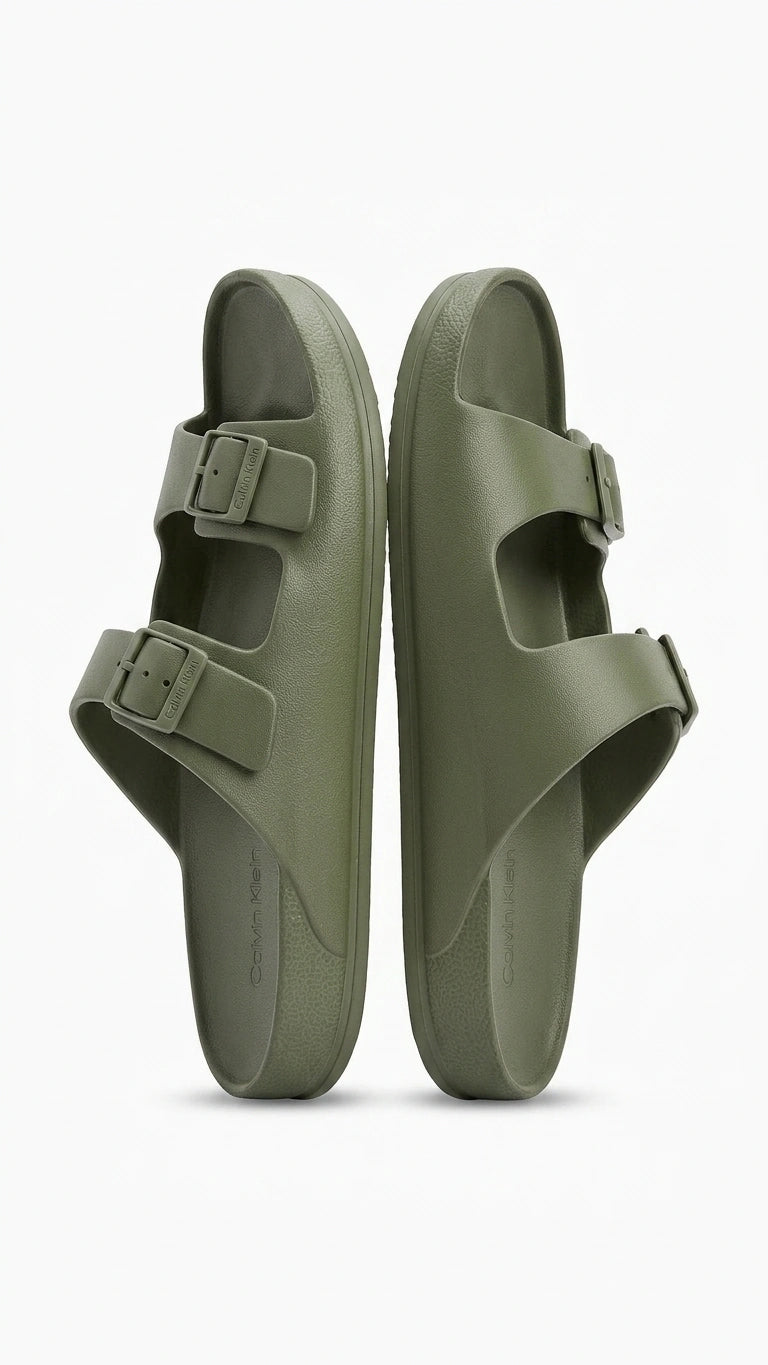 Calvin Klein Men's Two-Strap Buckle Slides - Olive Green
