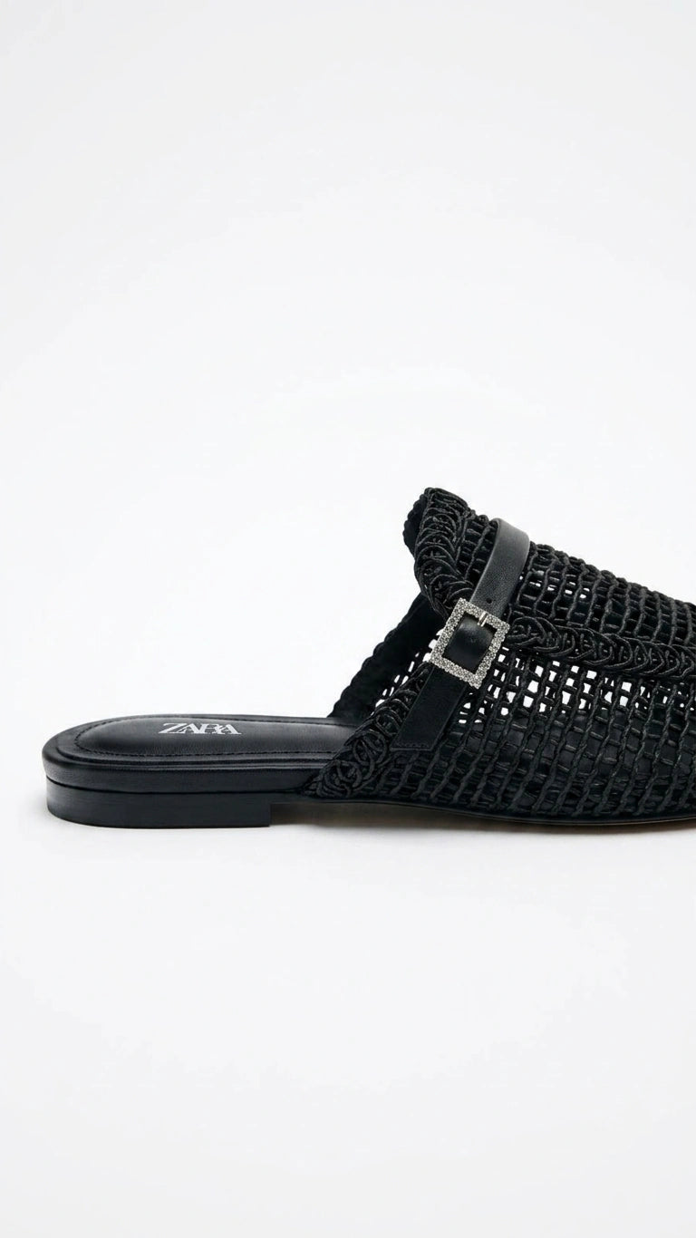 ZARA Woven Pointed Toe Mules - Black