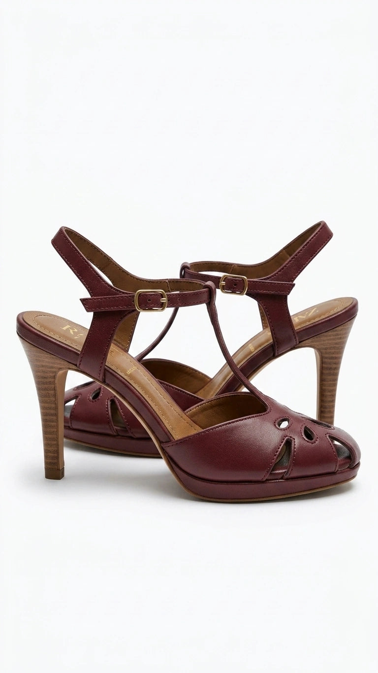 ZARA Women's Cut-Out T-Strap Flat Sandals - Burgundy