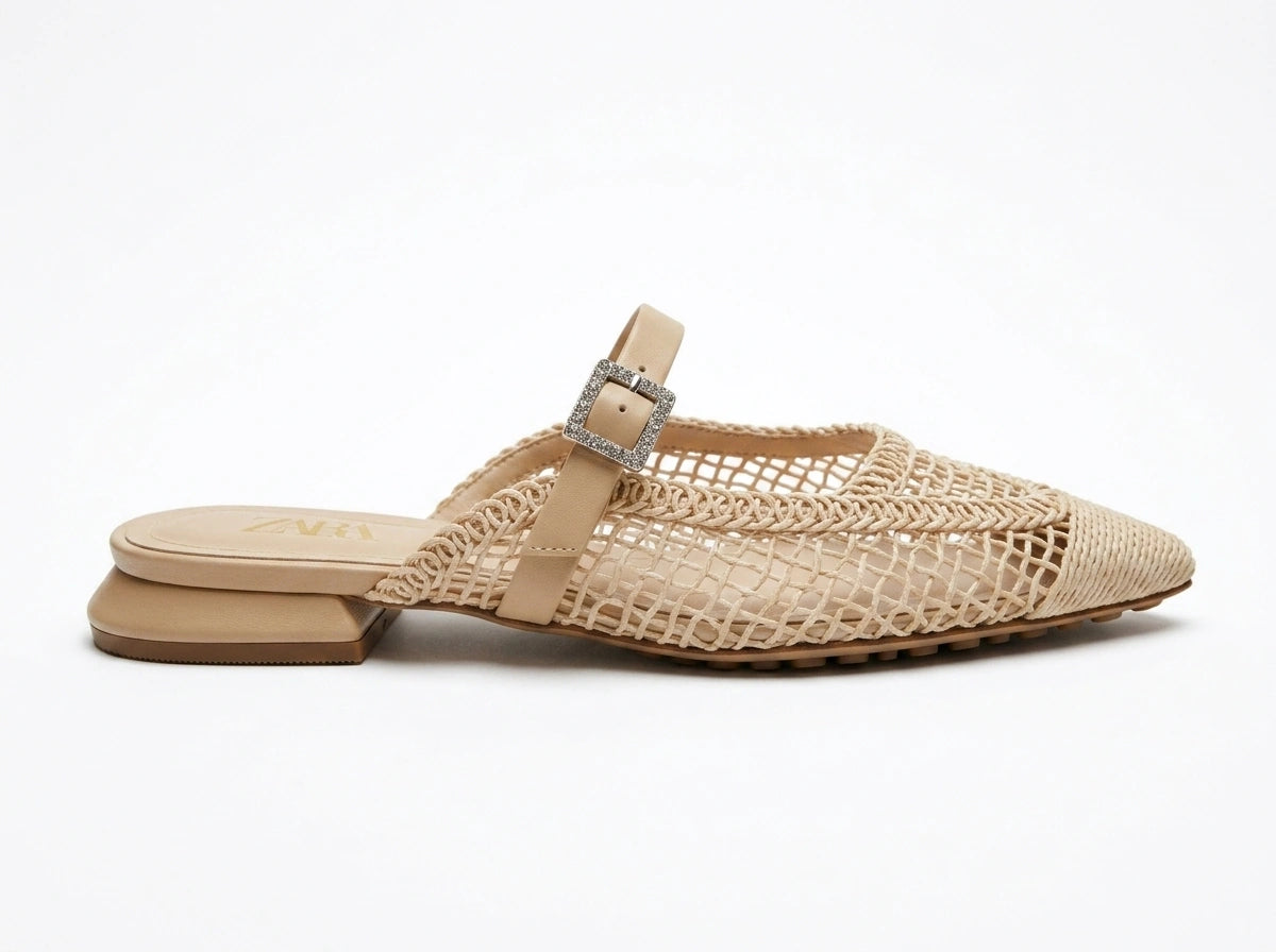 ZARA Women's Mesh Pointed Flat Mules - Beige