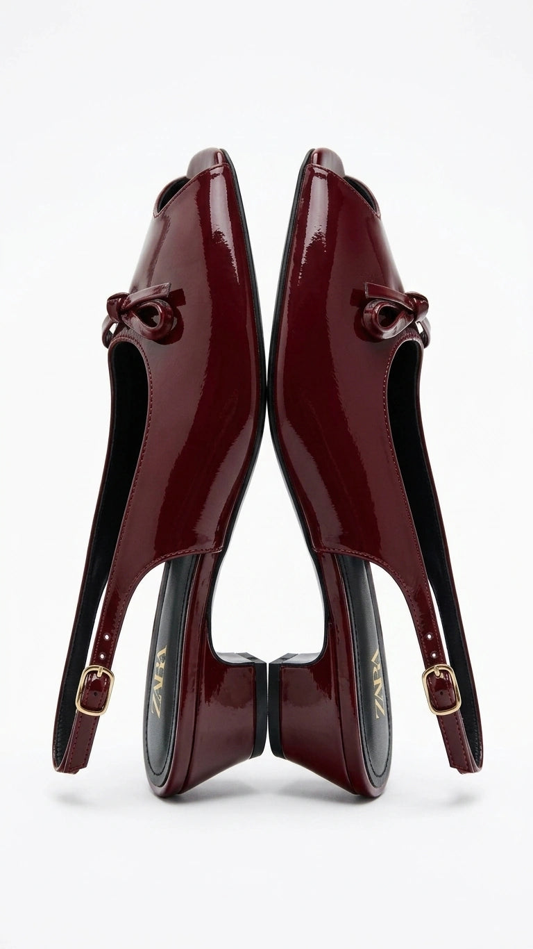 ZARA Women's Patent Peep-Toe Slingback Flats with Bow - Burgundy