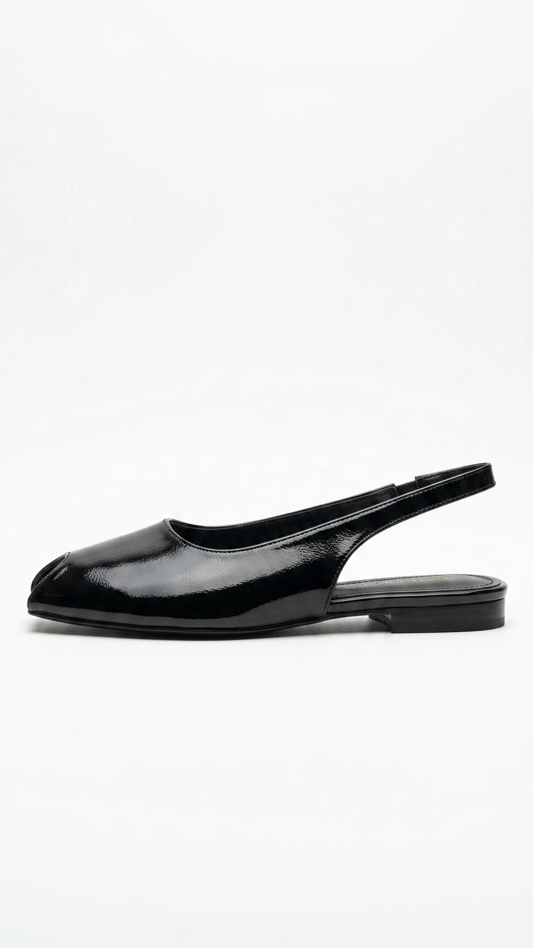 ZARA Women's Patent Peep Toe Slingback Flats - Black