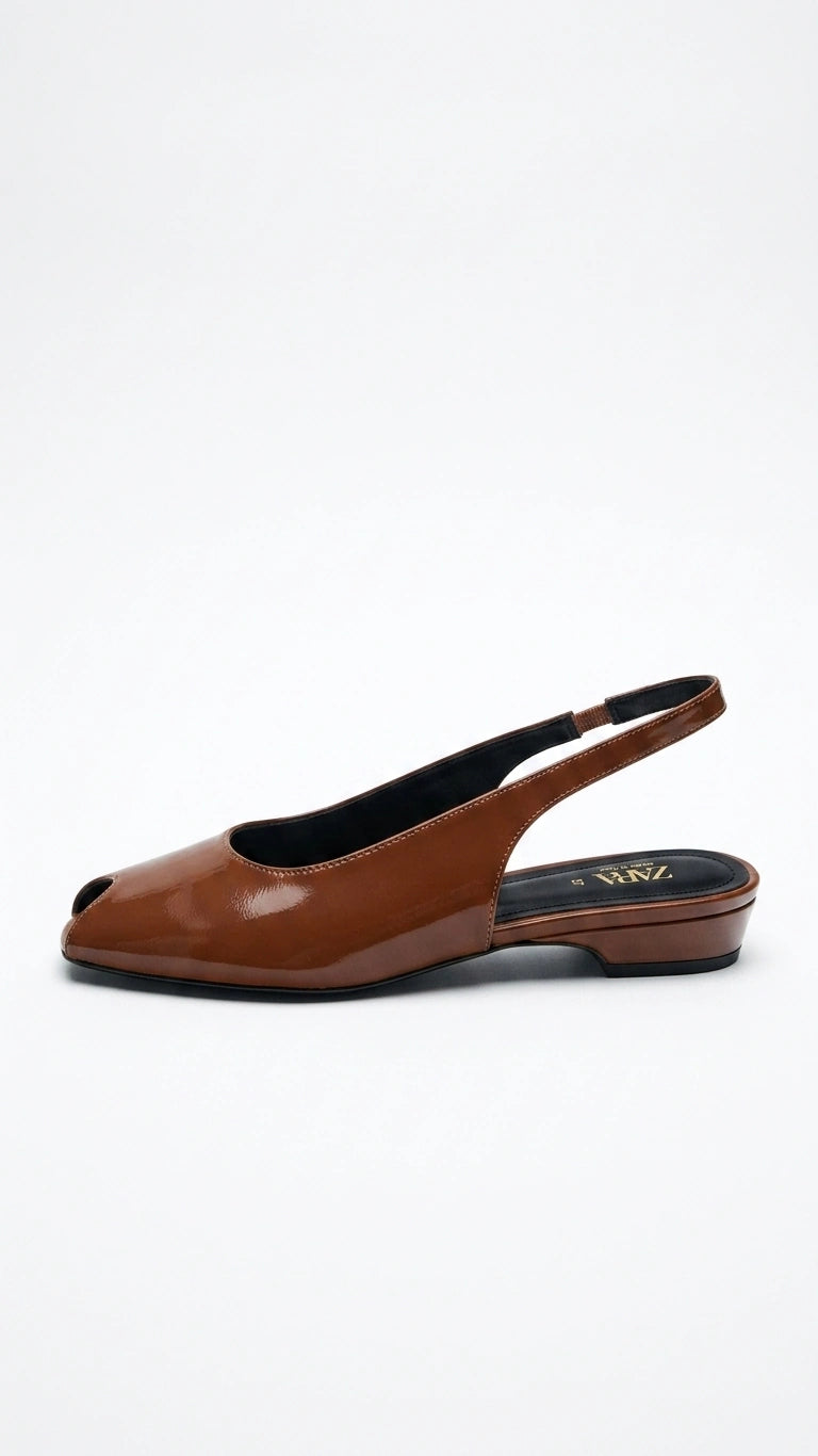 ZARA Patent Finish Peep Toe Slingback Heels - Brown