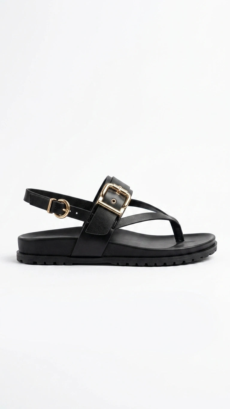 ZARA Women's Buckle Detail Thong Ankle Strap Sandals - Black
