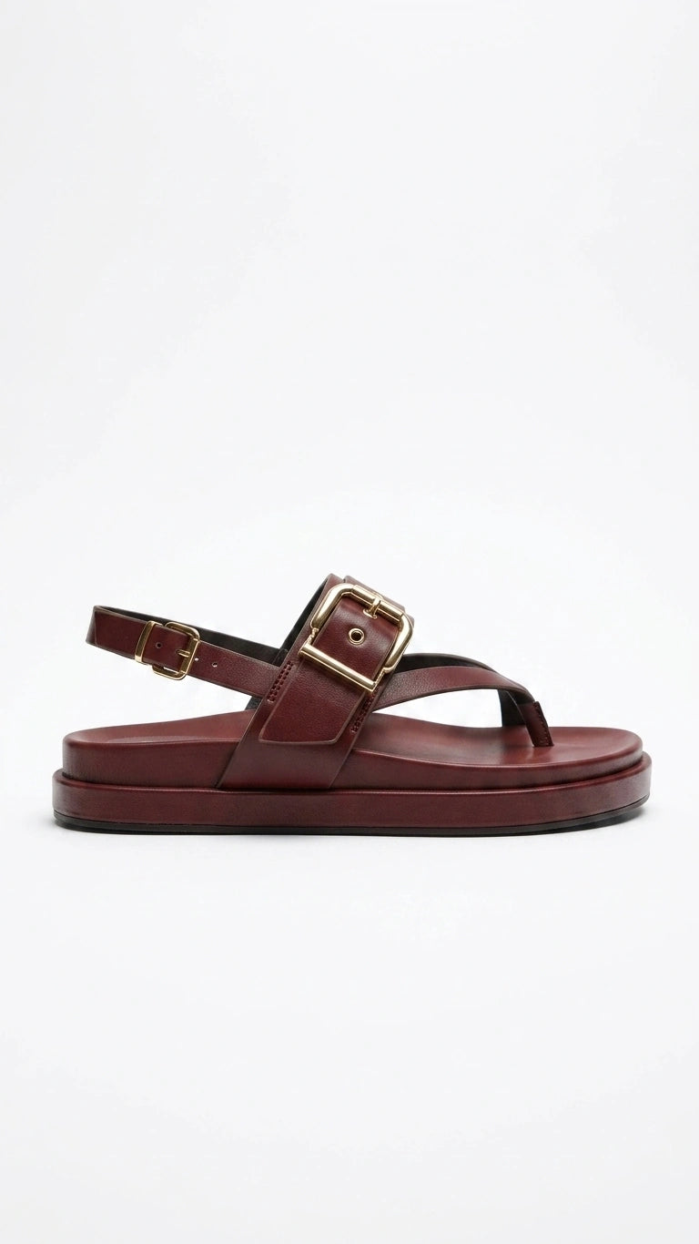 ZARA Buckle Detail Thong Slingback Sandals - Burgundy