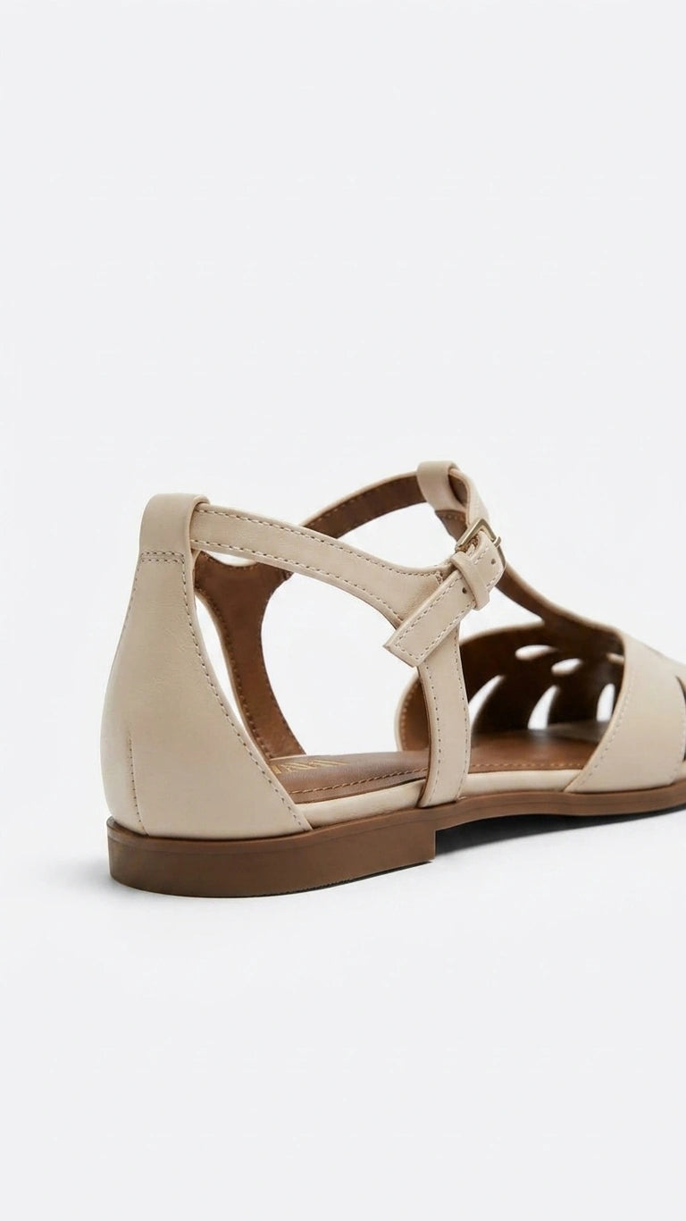 ZARA Women Cut-Out T-Bar Flat Sandals - Cream