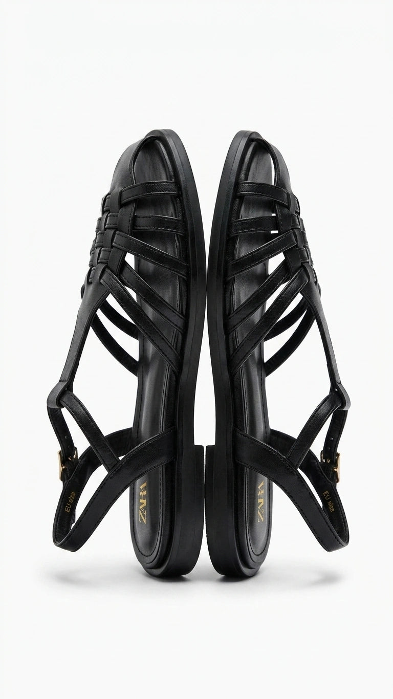 ZARA Women's Woven T-Strap Flat Sandals - Black