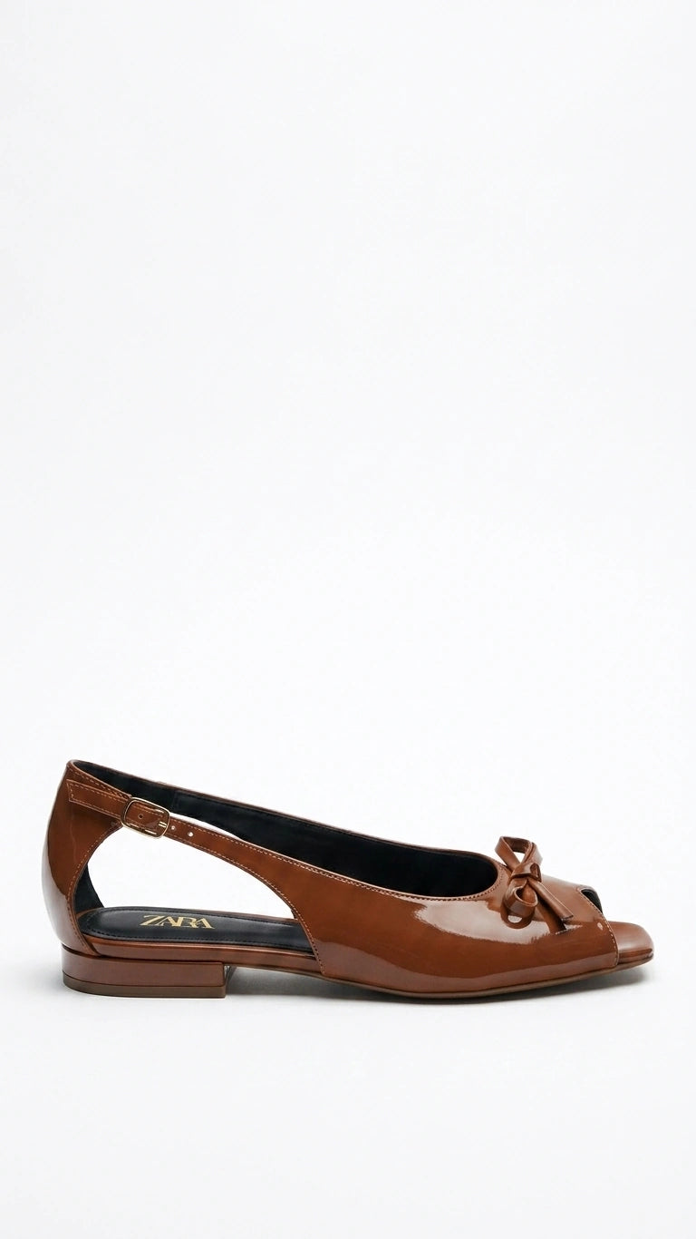 ZARA Women's Patent Peep-Toe Bow Mules - Caramel Brown