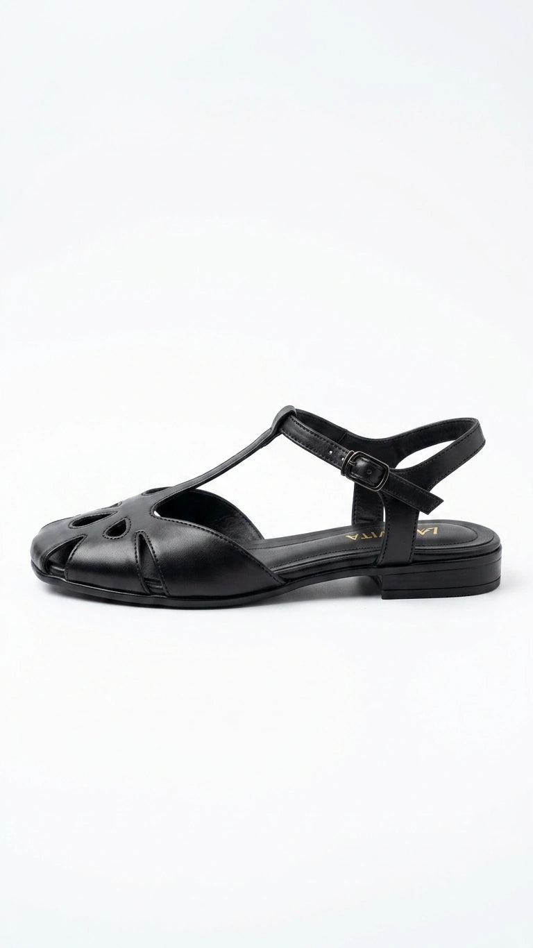 ZARA Women's T-Strap Cutout Low Heel Sandals - Black