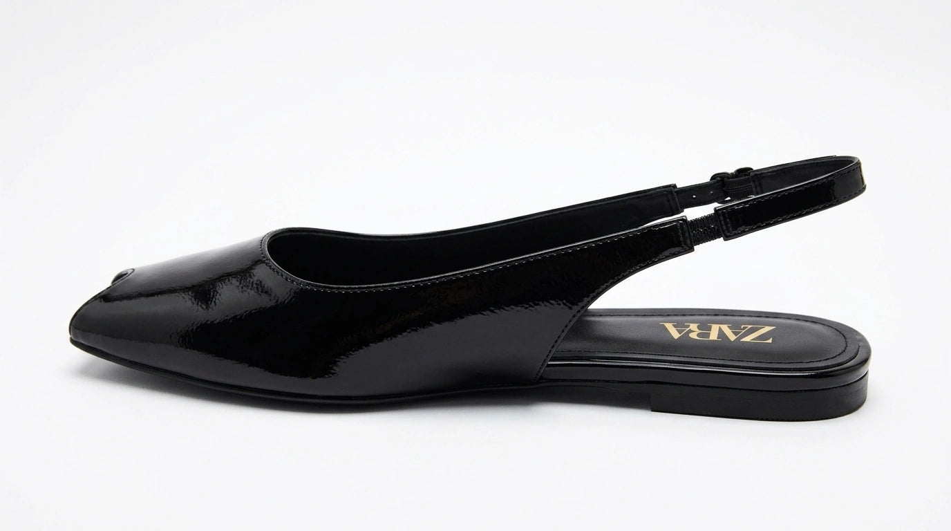 ZARA Women's Patent Finish Square Toe Slingback Kitten Heels - Black