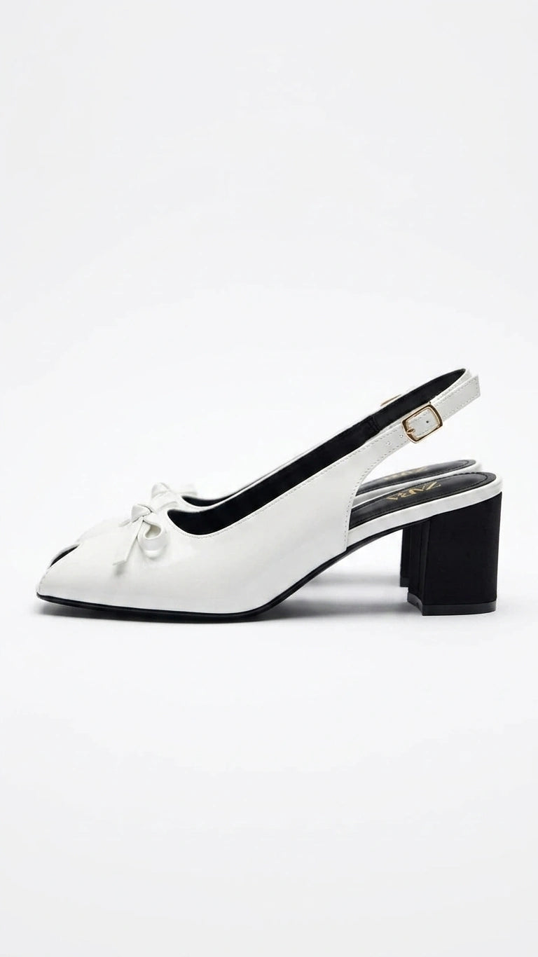 ZARA Women's Patent Peep-Toe Slingback Flats with Bow - White