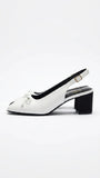 ZARA Women's Patent Peep-Toe Slingback Flats with Bow - White