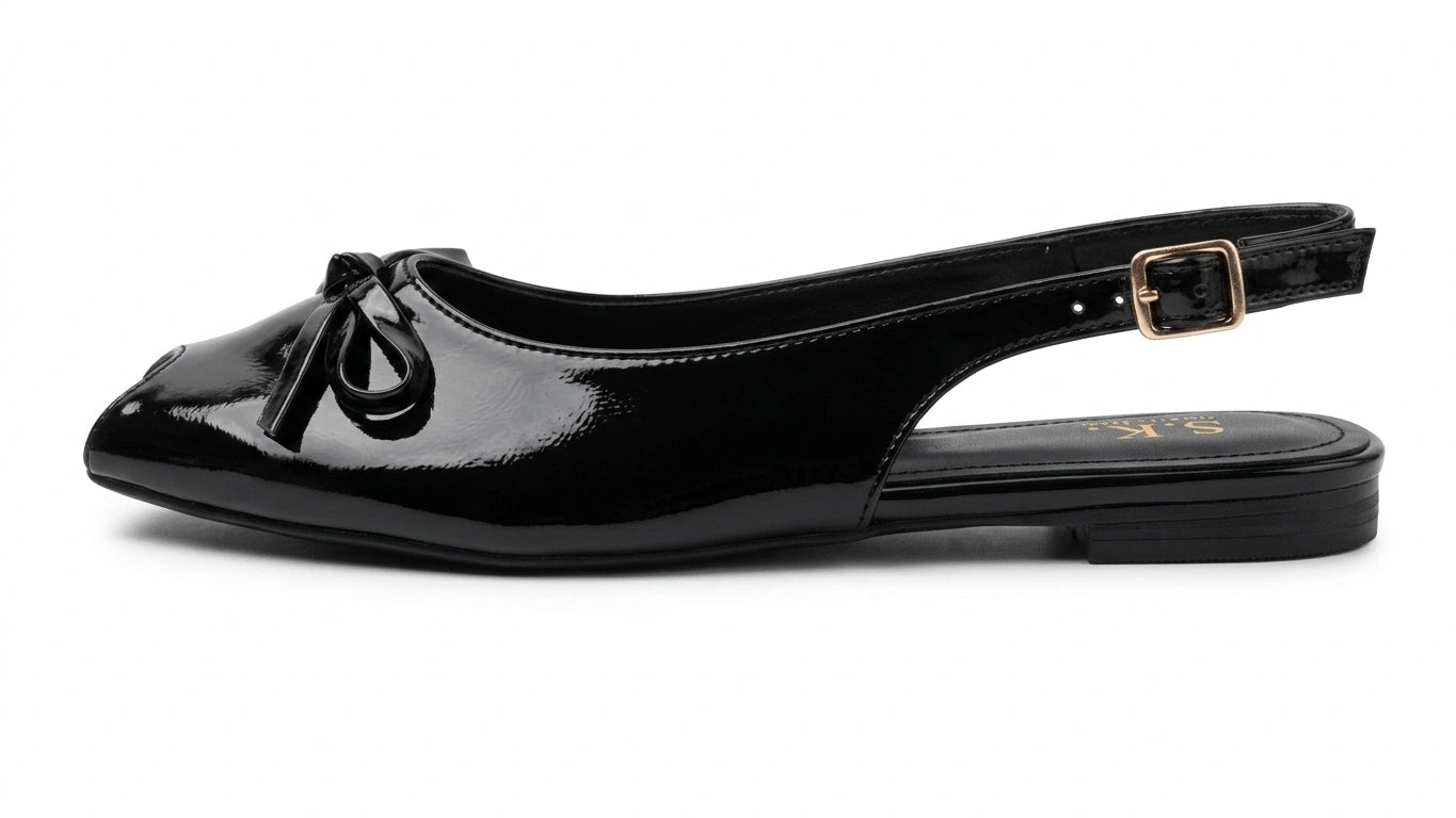 ZARA Women's Patent Peep-Toe Slingback Flats with Bow - Black