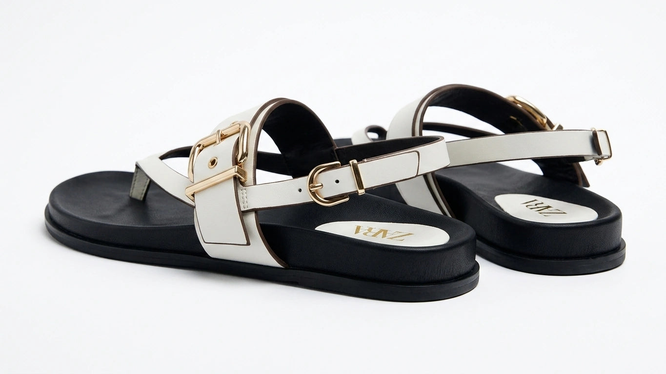 ZARA Buckled Thong Strap Sandals - White/Black