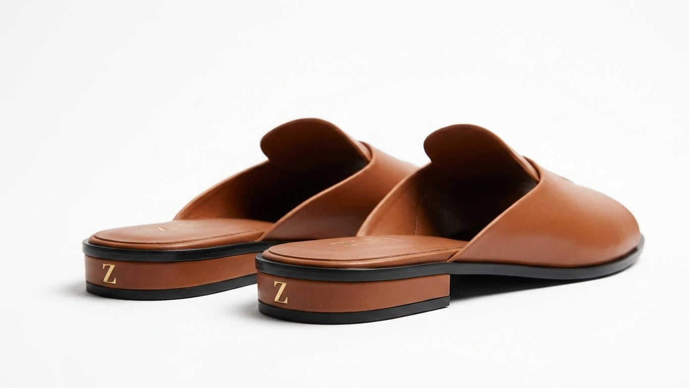 ZARA Tan Open Toe Mules with Metallic Bar