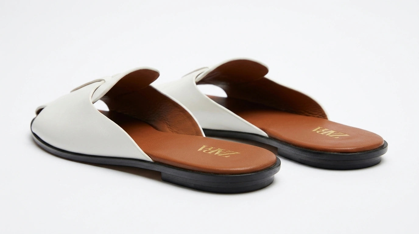 ZARA Women's Overlay Strap Open Toe Flat Mules - White/Brown