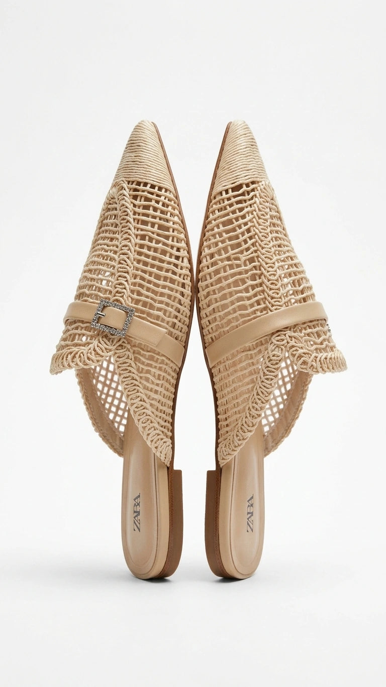 ZARA Woven Pointed Toe Mules with Rhinestone Buckle - Natural Beige