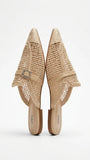ZARA Woven Pointed Toe Mules with Rhinestone Buckle - Natural Beige