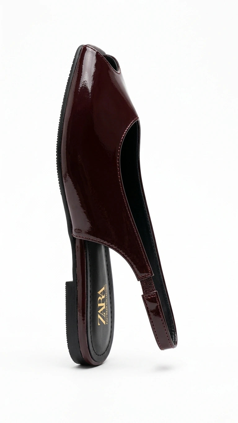 ZARA Women Patent Peep Toe Slingback Flats - Burgundy
