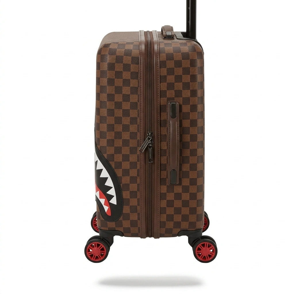 Sprayground Damier Ebene Shark Mouth Rolling Carry-On Suitcase - Brown