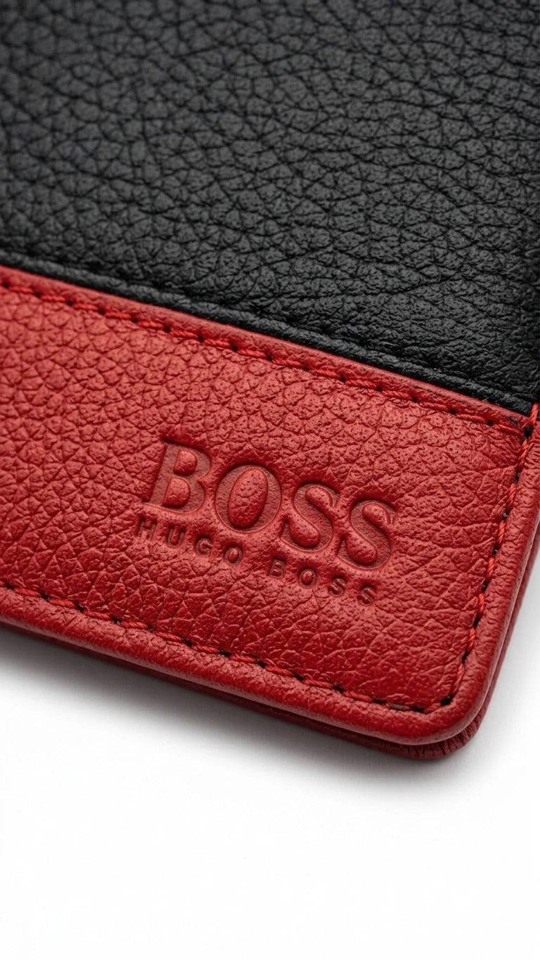 BOSS Bi-Fold Grained Leather Wallet - Black/Red