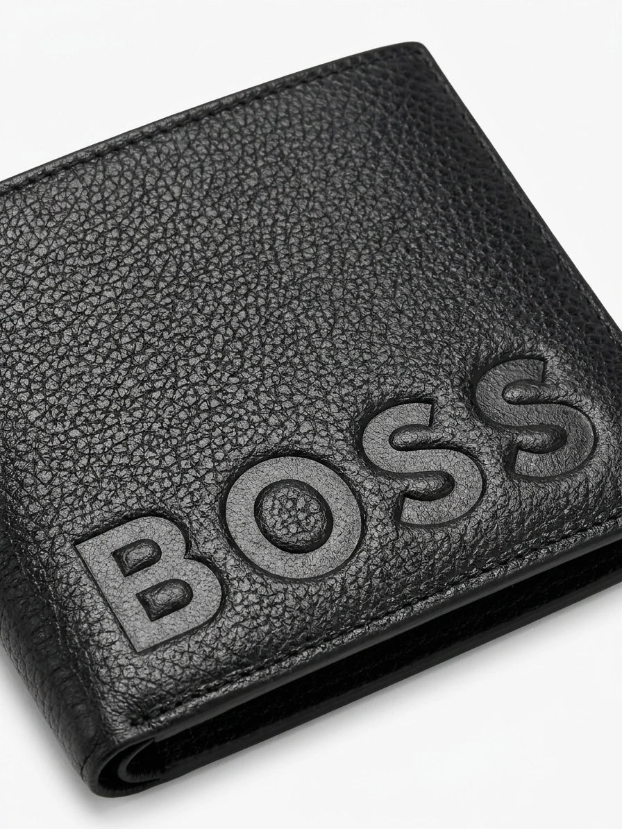 BOSS Men's Embossed Logo Leather Bi-Fold Wallet - Black