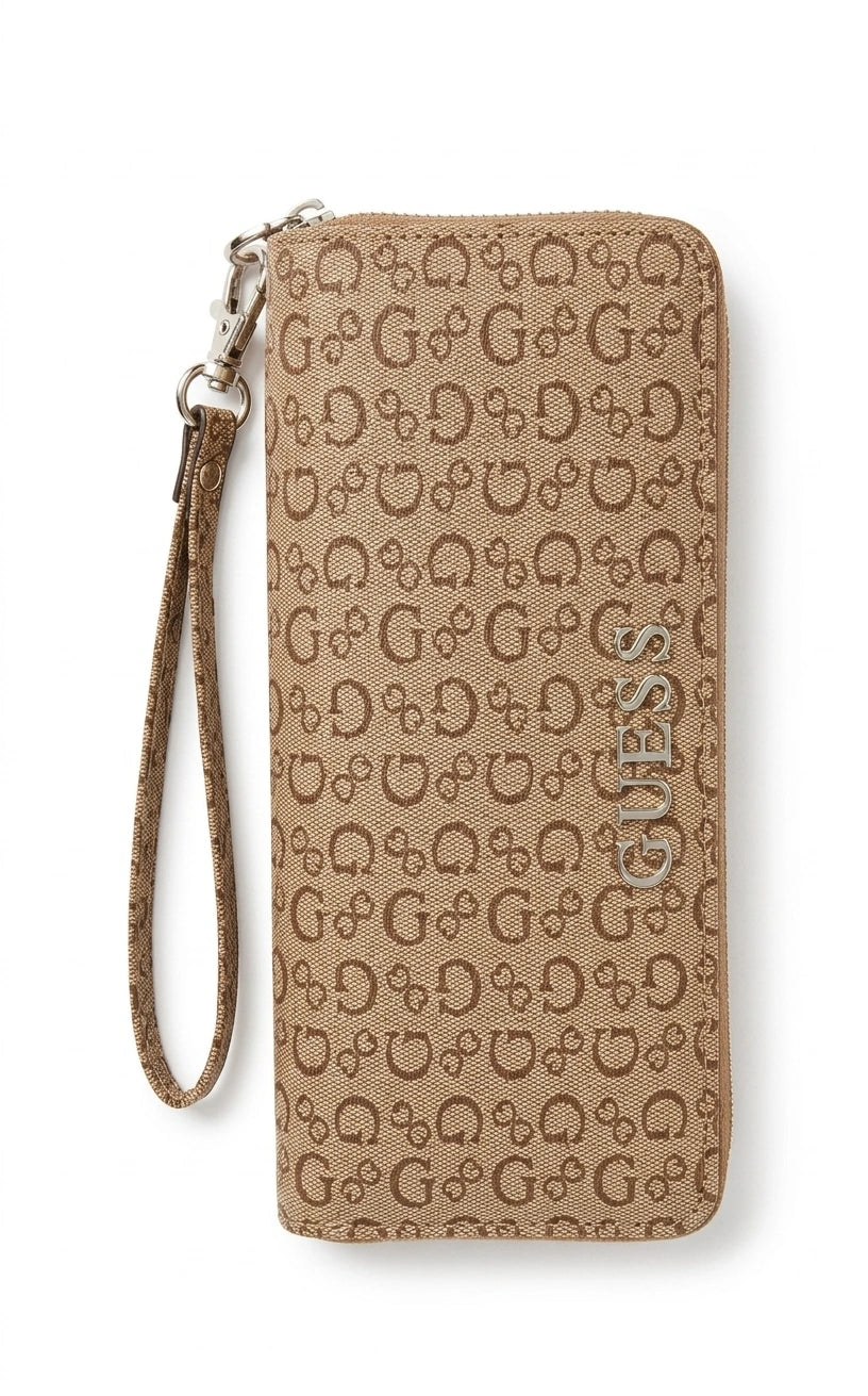 GUESS Women's Monogram Zip-Around Wristlet Wallet - Brown