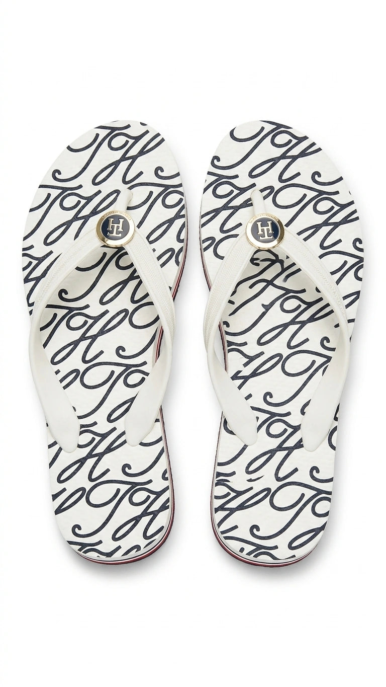 Tommy Hilfiger Women Script Logo Print Flip-Flops - White/Navy