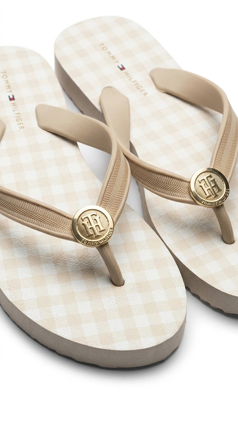 Tommy Hilfiger Women's Gingham Monogram Flip Flops - Light Beige