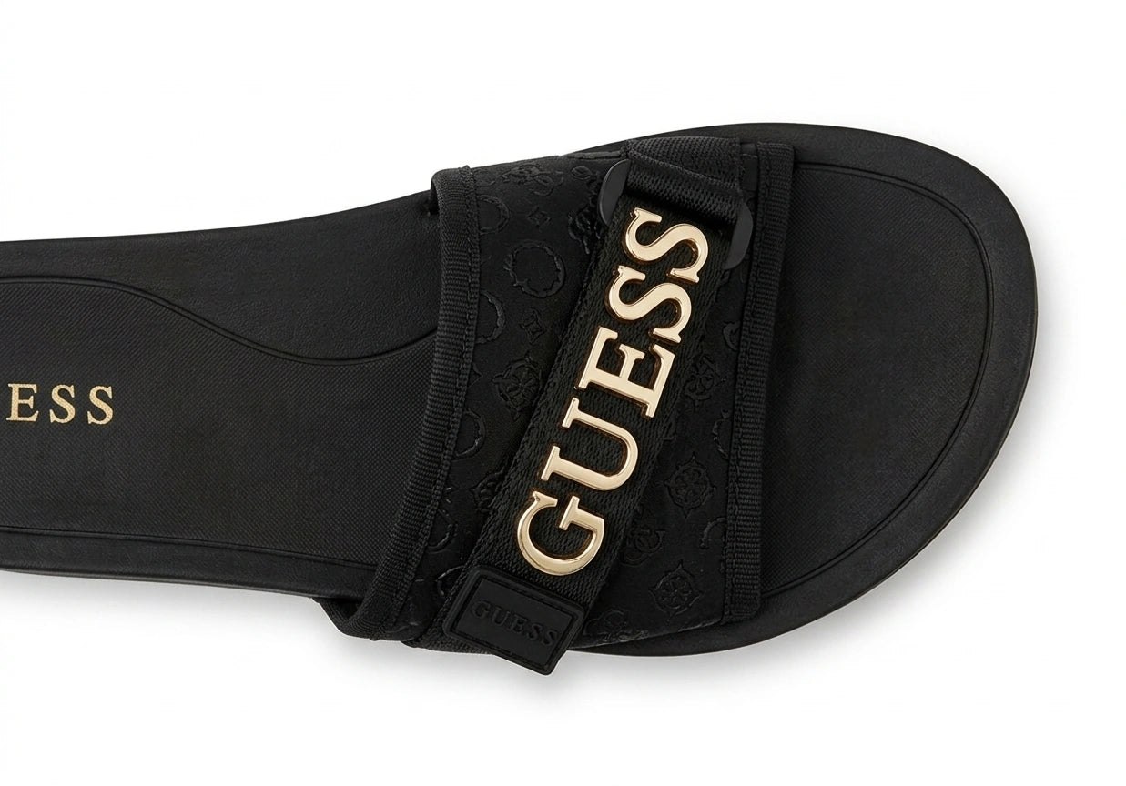 GUESS Women's Branded Monogram Platform Slides - Black Gold