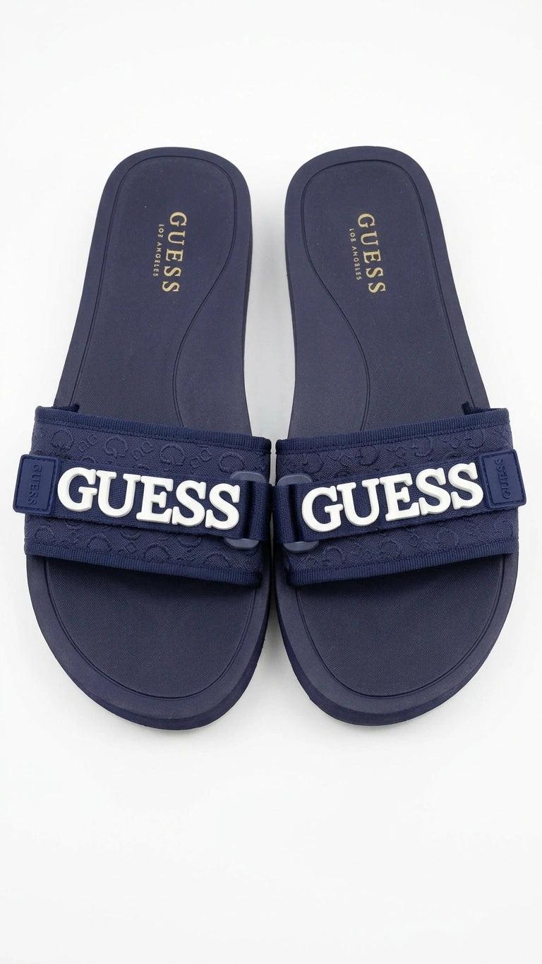 GUESS Women's Raised Logo Strap Slides - Navy